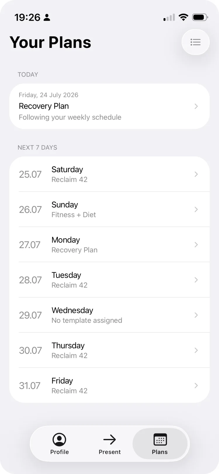 a42 seven-day plan view