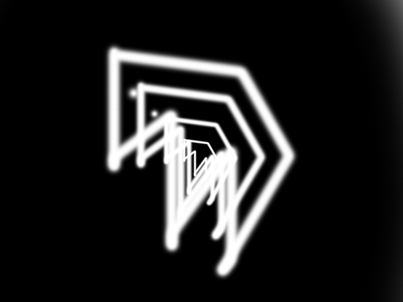 A blurred white arrow-shaped logo mark drawn in overlapping outlines on black.